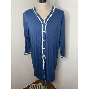 Cheibear Women's V Neck Pajama Sleepdress Nightgown Blue Embroidered M Button PJ